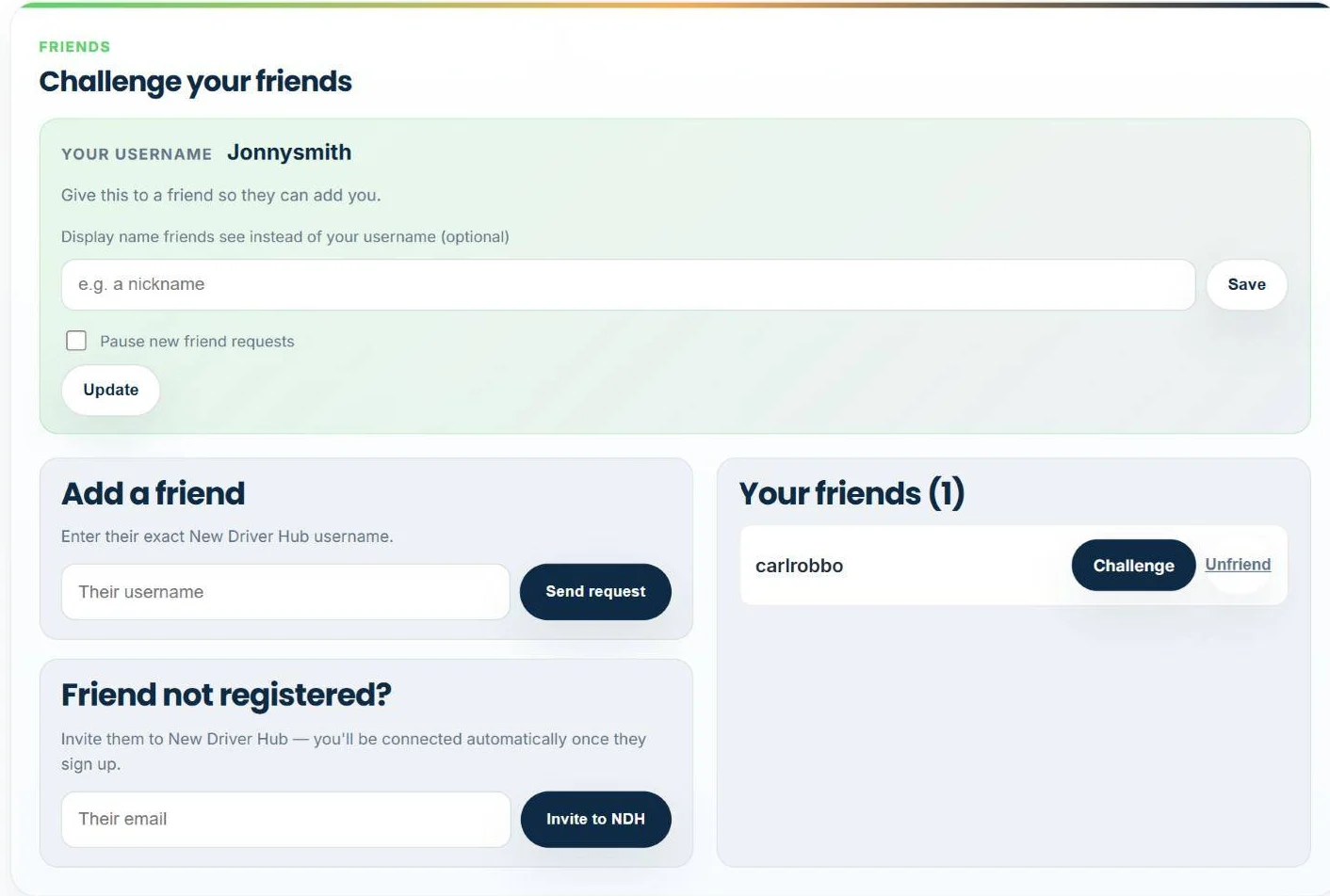 Friends card showing your username, a display name box, an add a friend box, an invite by email box and your friends list