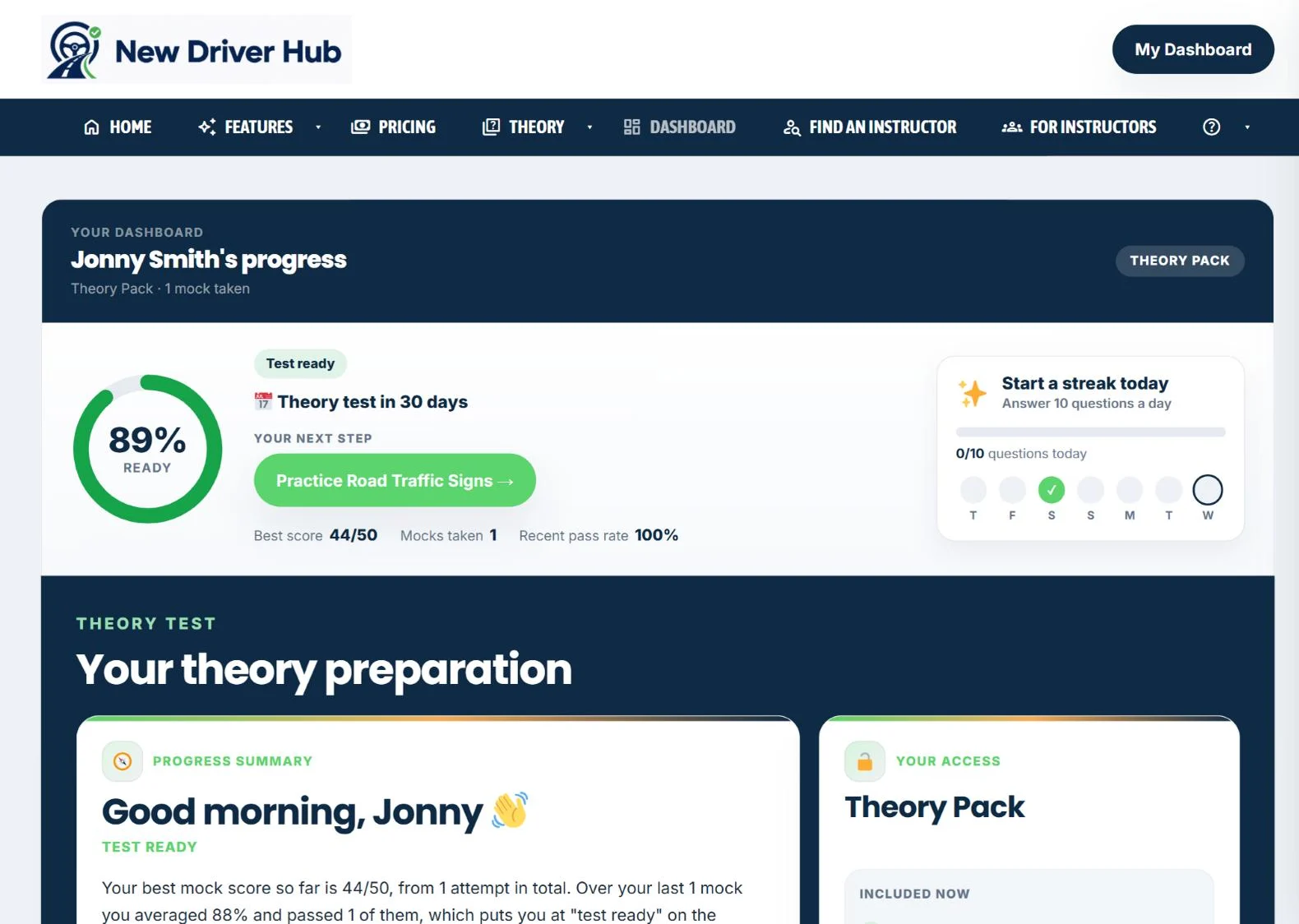 The New Driver Hub learner dashboard on a laptop, showing readiness 89%, best score 44/50 and a countdown to the theory test
