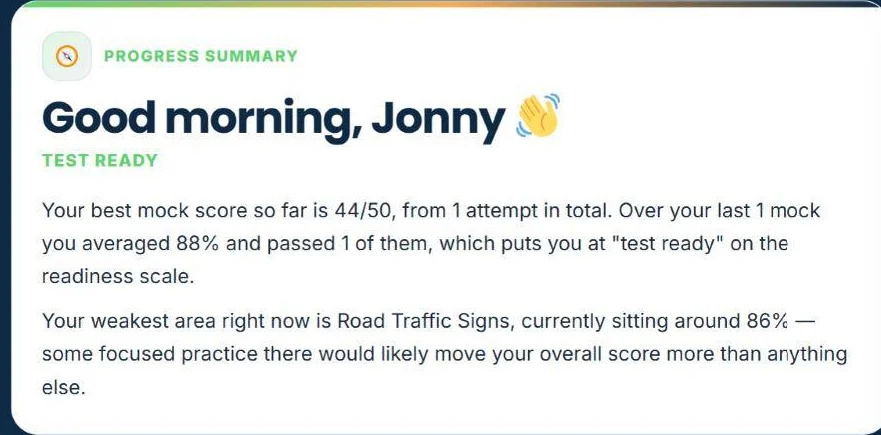 Progress summary card that greets the learner by name and explains their best mock score and weakest area in two short paragraphs
