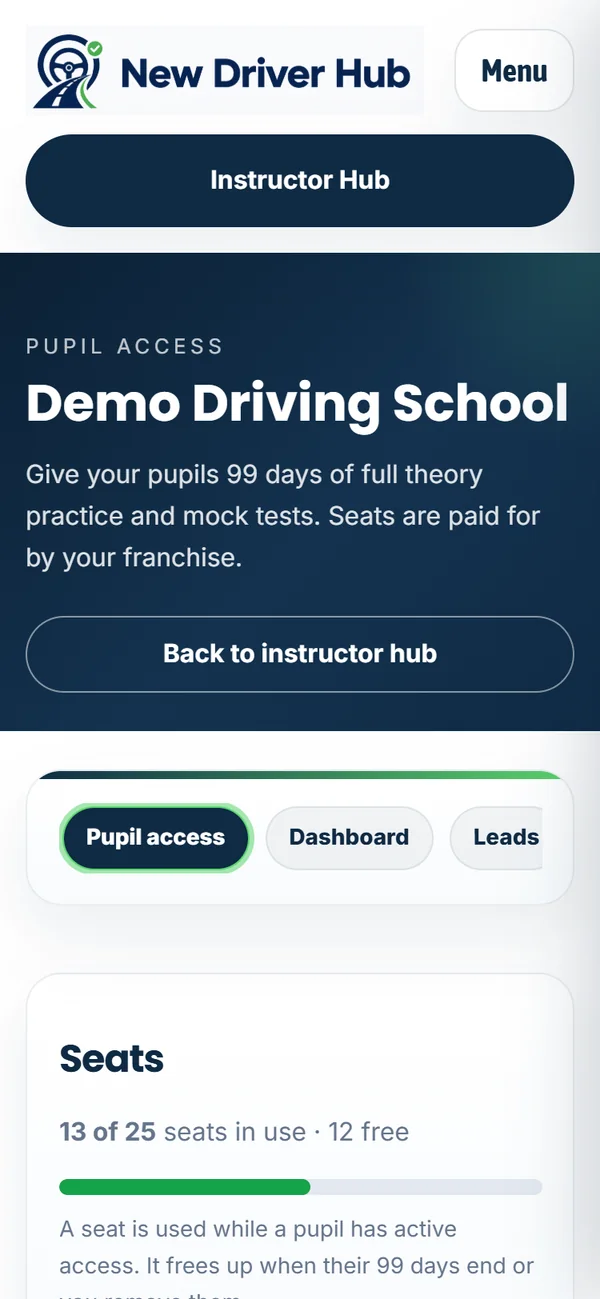 The franchise pupil access page on a phone