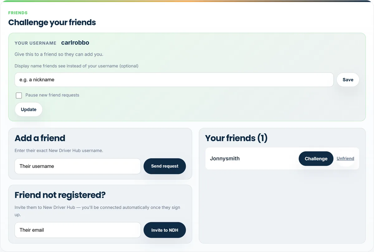 Friends card showing your username, a nickname box, a pause new friend requests option, an add a friend box, an invite by email box and a friends list