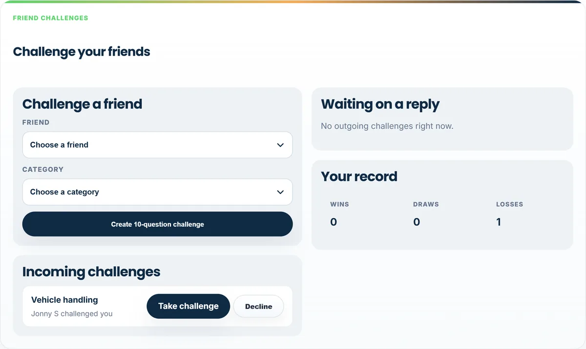 Friend challenges panel with an incoming Vehicle handling challenge and Take challenge and Decline buttons