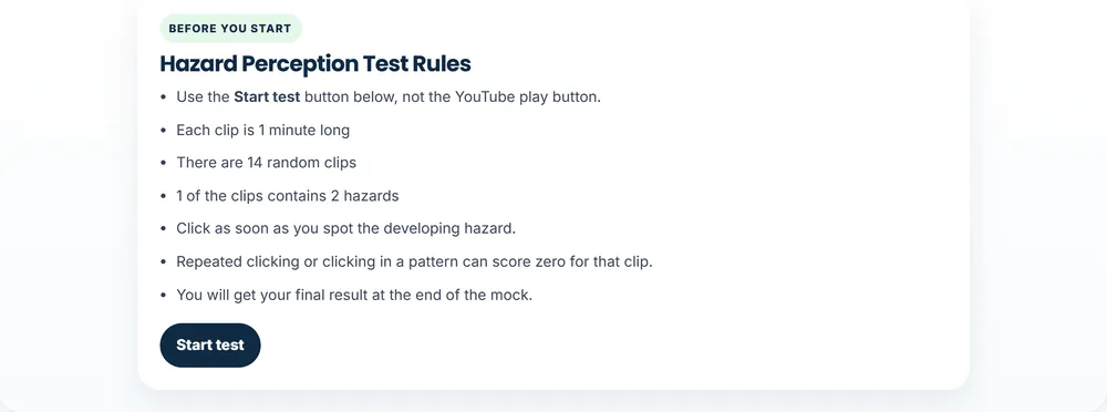 Hazard perception test rules: 14 random one-minute clips, one clip with two hazards, and pattern clicking scores zero