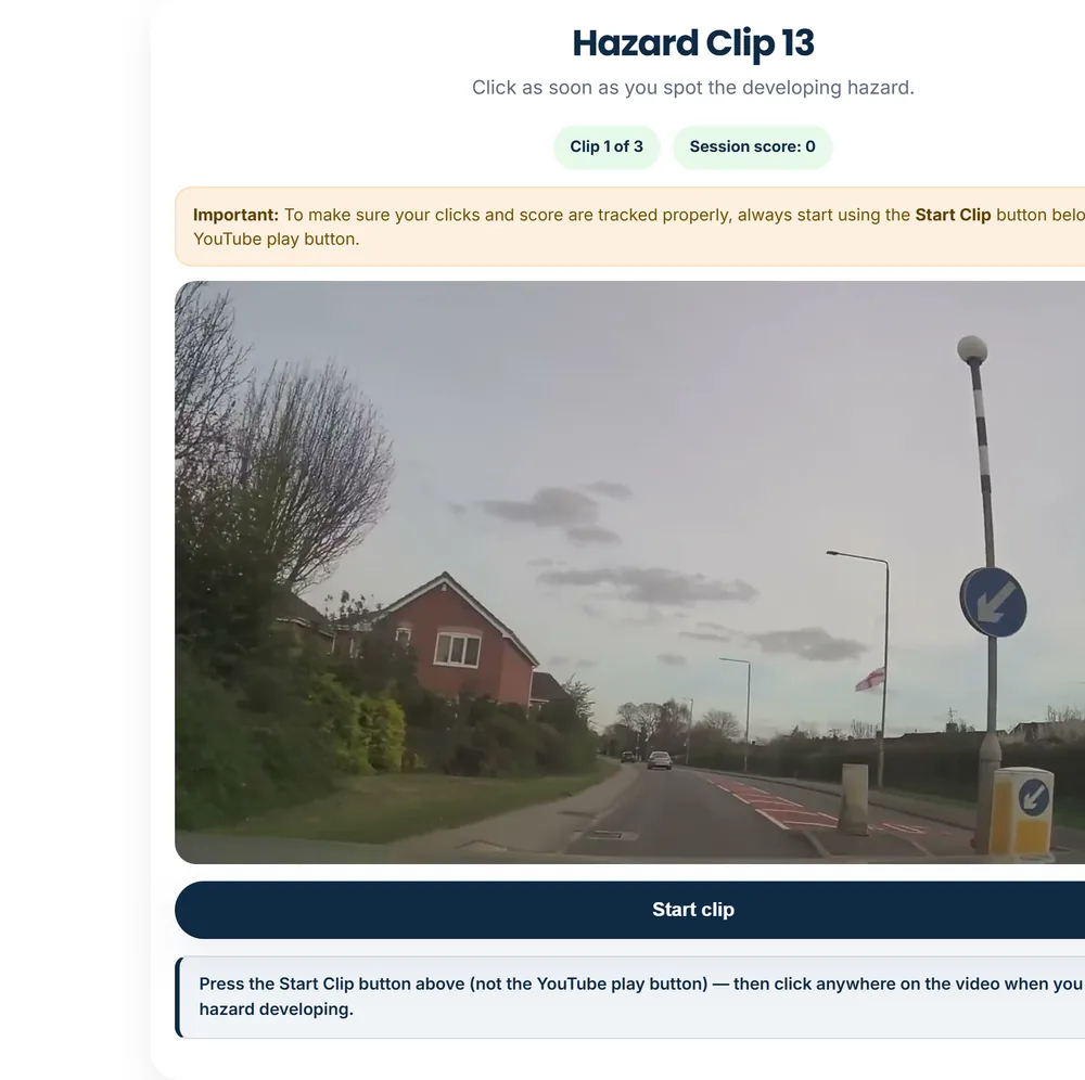 Hazard perception practice clip player showing a residential road, clip 1 of 3 and a Start clip button