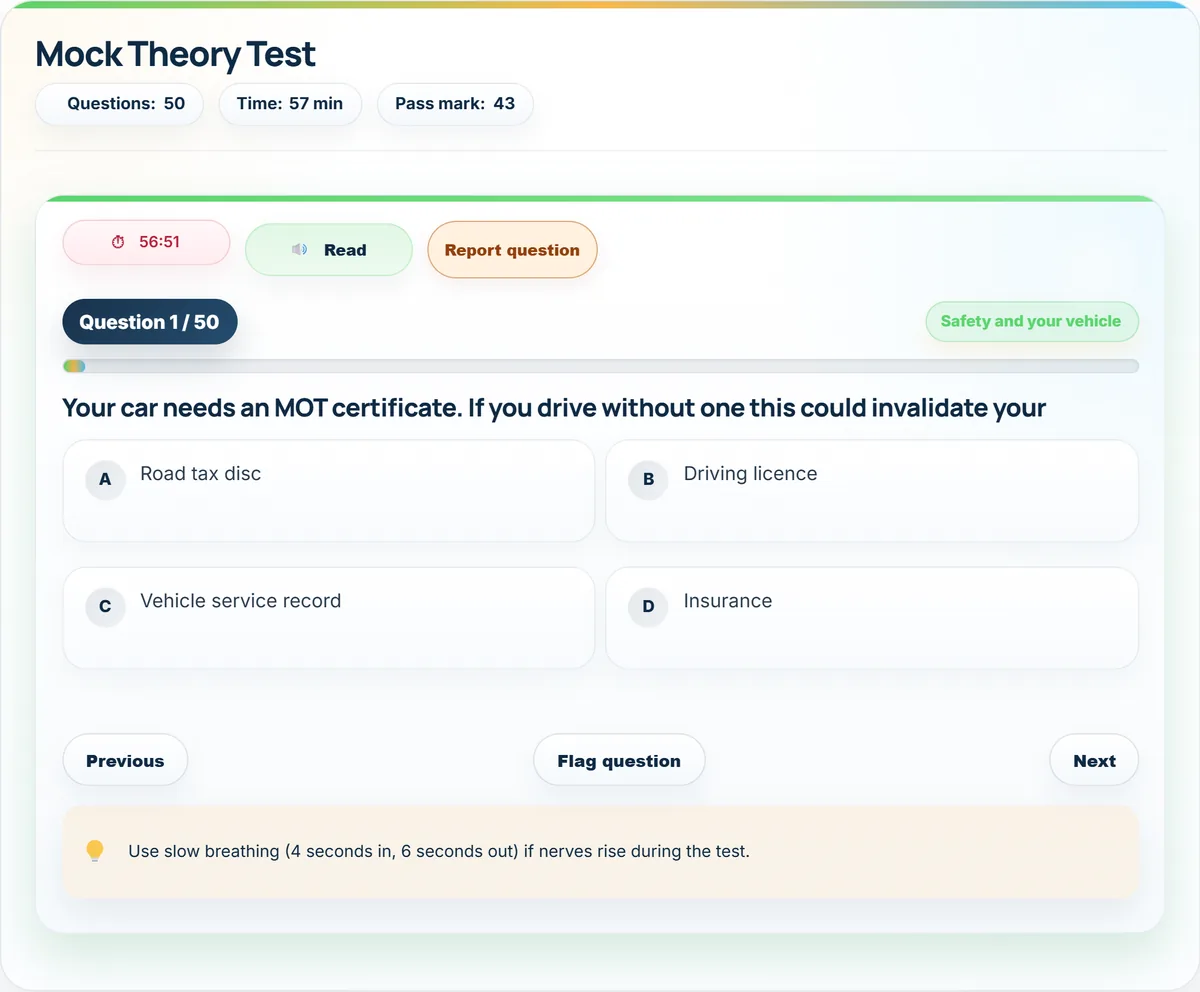 Mock theory test in progress showing 50 questions, a 57 minute timer and a pass mark of 43