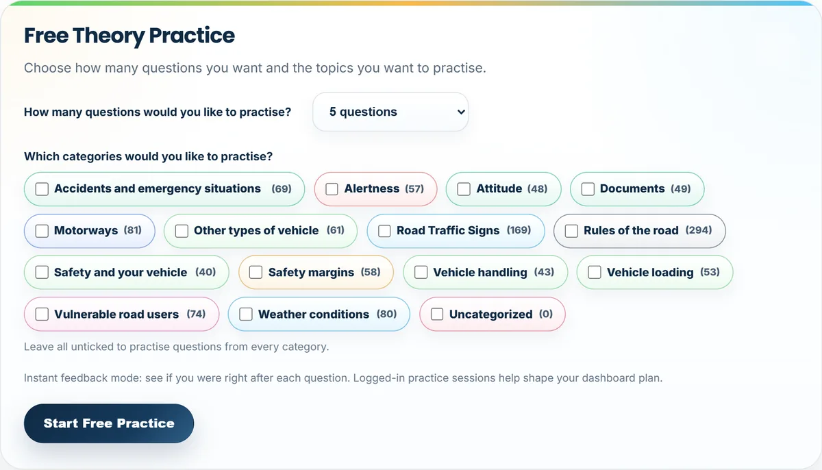 Free theory practice setup screen with a question count menu and topic tick boxes such as Motorways, Road Traffic Signs and Rules of the road