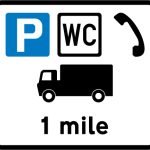 Distance to a commercial vehicles parking place ahead with public toilets and telephones