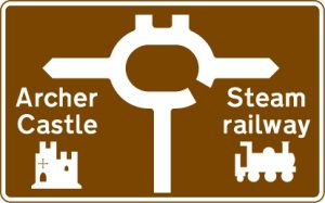 Roundabout ahead leading from a motorway exit slip road to the tourist attractions shown
