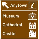 Motorway junction ahead leading to a town or geographical area containing several tourist attractions and a Tourist Information Point or Centre