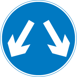 Vehicular traffic may reach the same destination by passing either side of the sign