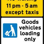 Prohibition on waiting by vehicles other than taxis during the period indicated (upper panel), and carriage way reserved for loading and unloading of goods vehicles during the period indicated