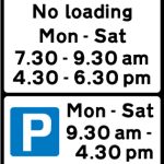 Waiting prohibited during the periods indicated (upper panel), loading prohibited during periods indicated (middle panel), and 'pay and display' ticket-regulated parking available during the period indicated with directions to ticket machine (Lower p