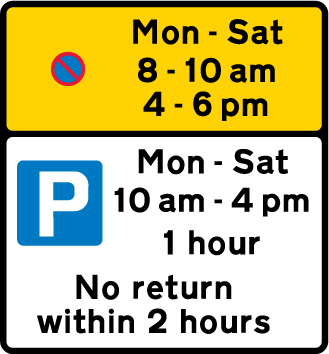 Prohibition on waiting by vehicles other than taxis during the period indicated (upper panel), and carriage way reserved for loading and unloading of goods vehicles during the period indicated (lower panel)