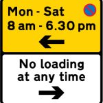 Waiting prohibited in the direction indicated (upper panel), and loading and unloading prohibited in the direction indicated (lower panel)