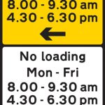 Waiting prohibited during the period and in the direction indicated (upper panel), and loading and unloading prohibited during the periods and in the direction indicated (lower panel)