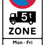 Entrance to a controlled parking zone applying to goods vehicles over a gross weight of 5T during the period indicated