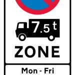Entrance to a controlled parking zone applying to goods vehicles over a gross weight of 7.5T during the period indicated