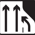 Number of lanes of traffic lanes ahead on a dual carriageway reduces from three lanes to two. Traffic in the right hand lane must move into the lane on the immediate left