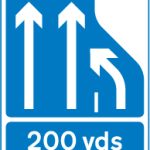 In 200 yards the number of lanes of traffic lanes ahead on a motorway reduces from three lanes to two. Traffic in the right hand lane must move into the lane on the immediate left