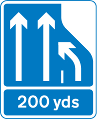 In 200 yards the number of lanes of traffic lanes ahead on a motorway reduces from three lanes to two. Traffic in the right hand lane must move into the lane on the immediate left