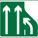 Number of lanes of traffic lanes ahead on a primary route reduces from three lanes to two. Traffic in the right hand lane must move into the lane on the immediate left