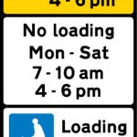 Bay reserved for loading and unloading by goods vehicles during the period indicated, and waiting prohibited during the period indicated