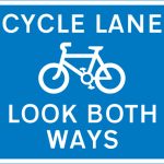 Cycle lane with traffic approaching from both ways (pedestrian reminder)