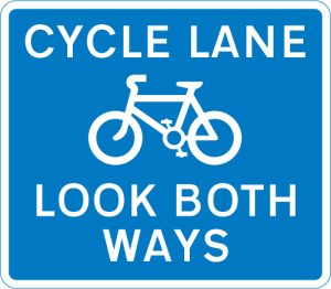 Cycle lane with traffic approaching from both ways (pedestrian reminder)
