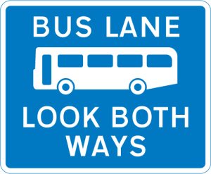 Bus lane with traffic proceeding from both ways (reminder for pedestrians)