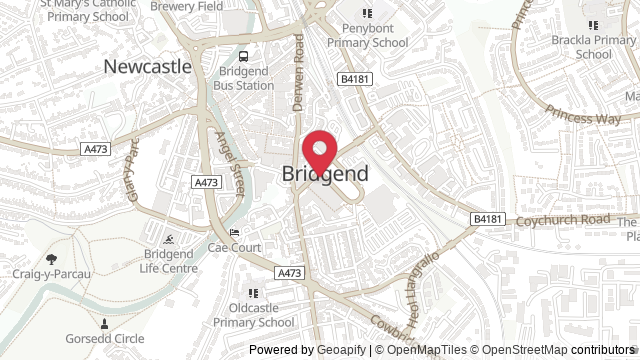 Map showing the location of Bridgend Theory Test Centre