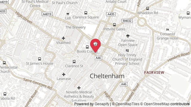 Map showing the location of Cheltenham Theory Test Centre