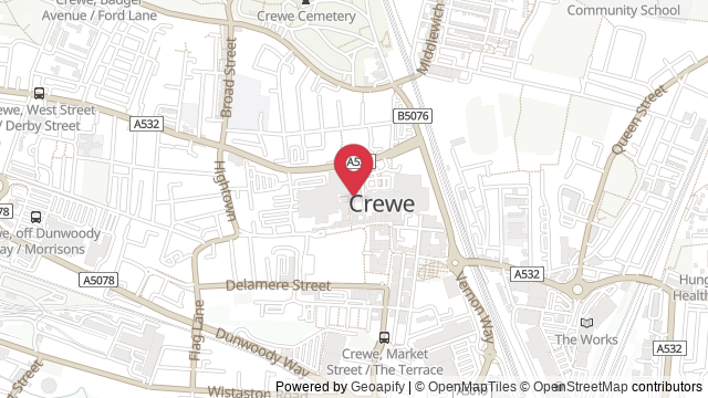 Map showing the location of Crewe Theory Test Centre