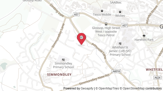 Map showing the location of Glossop Theory Test Centre