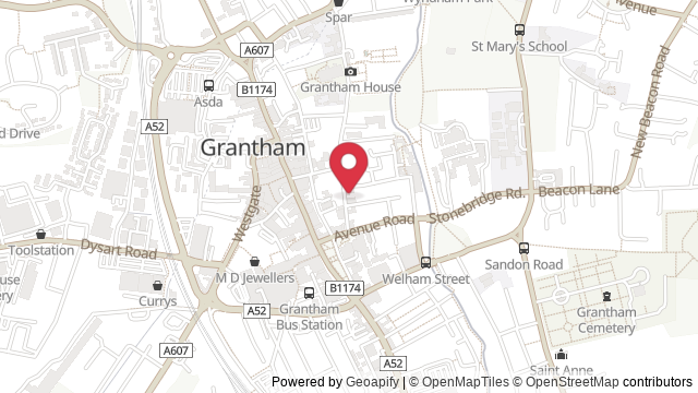 Map showing the location of Grantham Theory Test Centre
