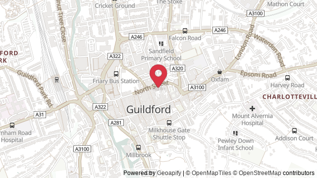 Map showing the location of Guildford Theory Test Centre