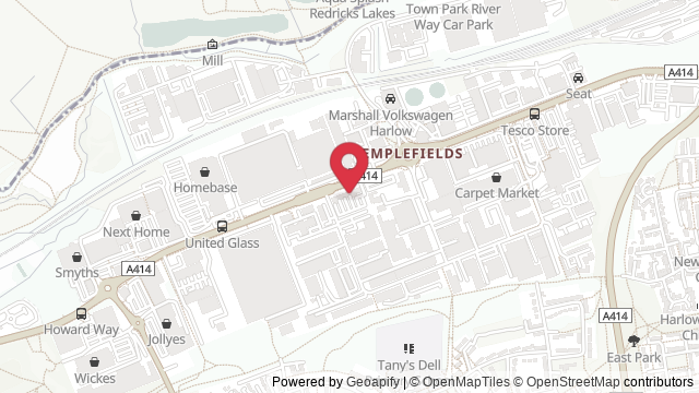 Map showing the location of Harlow Theory Test Centre