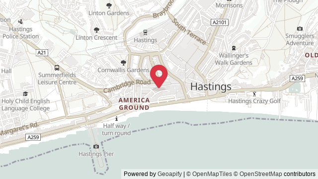 Map showing the location of Hastings Theory Test Centre