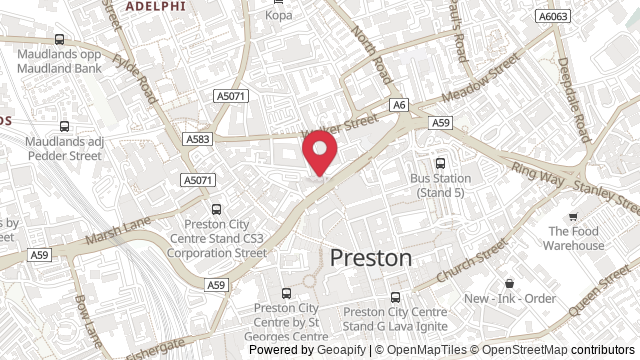 Map showing the location of Preston Theory Test Centre