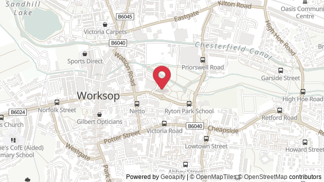 Map showing the location of Worksop Theory Test Centre